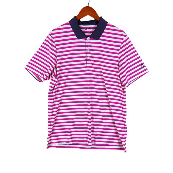 Adidas Performance Stretch Golf Activewear Polo Striped‎ Pink Blue Mens Large - Picture 1 of 8